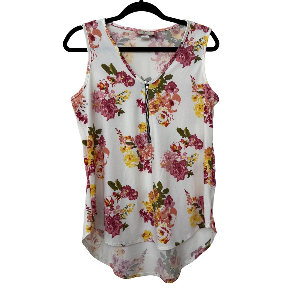Cest La Vie‎ Floral Print Sleeveless V Neck Zip Front Blouse Top Womens Medium